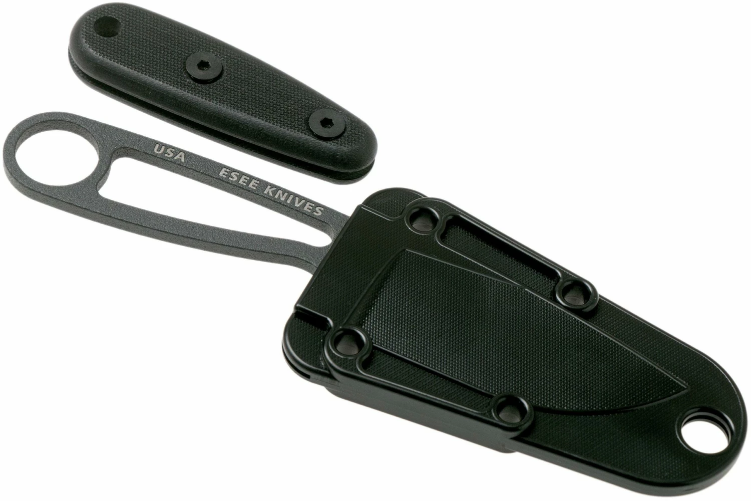 ESEE Izula Tactical Gunsmoke IZULA-TG-B Halsmesser Mit Schwarzer Scheide, Griffteilen Und Gürtelclip 7 ESEE Izula Tactical Gunsmoke IZULA-TG-B Halsmesser Mit Schwarzer Scheide, Griffteilen Und Gürtelclip – Bild 5